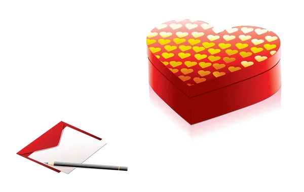 黄金の心と手紙と赤のプレゼントボックス — ストックベクタ