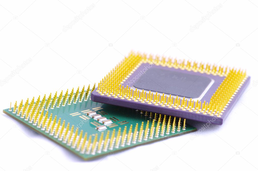 Stack of computer processors isolated on a white background