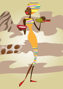 African woman holding a tray with a national food clipart