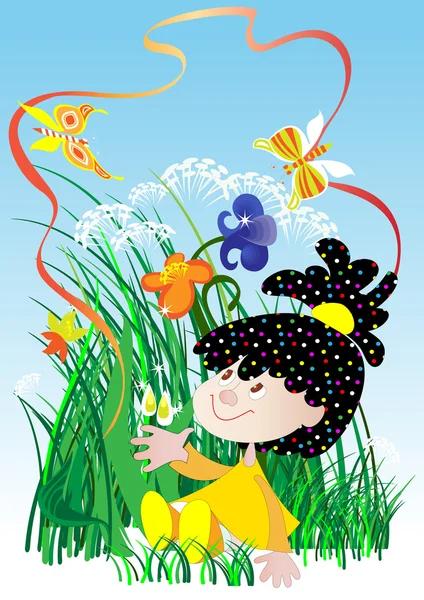 Doll Red Playing Tall Grass — Stock Vector