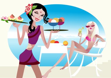 A young waiter - girl brings dessert for a client on the terrace of a beach cafe clipart