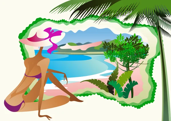 Una Giovane Ragazza Snella Seduta Isola Tropicale Sulla Spiaggia — Vettoriale Stock