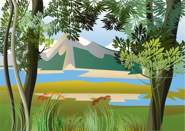Landscape with river and high hills of the jungle
