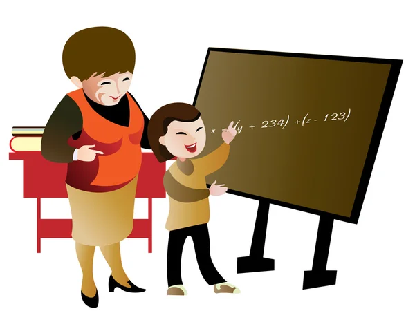 少年と先生は学校の理事会で数学の問題の解決策を話し合う — ストックベクタ