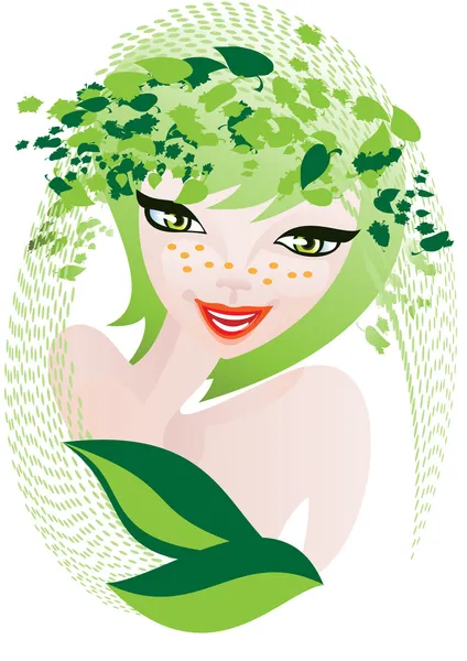 Ett Stiliserat Porträtt Leende Flicka Bakgrund Gröna Blad — Stock vektor
