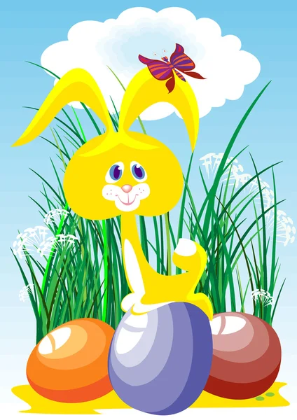 Conejito Pascua Amarillo Tres Huevos Pascua Decorativos Están Hierba — Vector de stock
