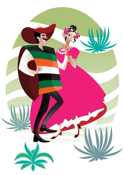 Μεξικανική Ζευγάρι Άνδρας Και Γυναίκα Χορός Λατινοαμερικάνικο Χορό Παραδοσιακές Φορεσιές — Διανυσματικό Αρχείο