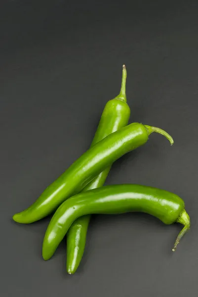 Arrangement Three Fresh Spicy Green Chili Peppers — Stock Photo, Image
