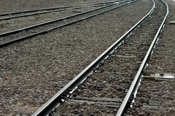 Several Converging Railway Tracks Curve Left — Stock Photo, Image