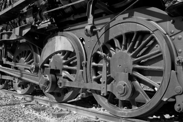 Detalhe Tomada Rodas Transmissão Uma Locomotiva Vapor Histórica — Fotografia de Stock