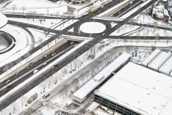 Aerial View of Highway in Winter with Snow