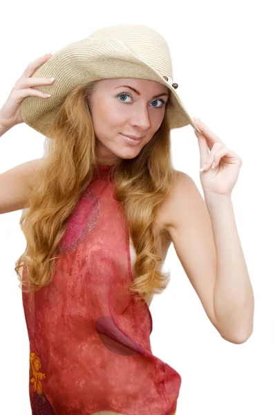 Donna con la testa rossa in cappello — Foto Stock