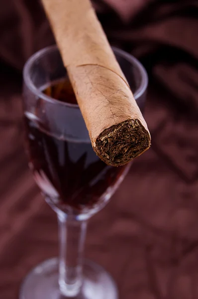 Cigar on the glass with alcohol — Stock Photo, Image