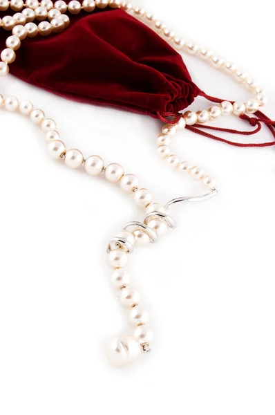 真珠のネックレスとベルベットのバッグ — ストック写真