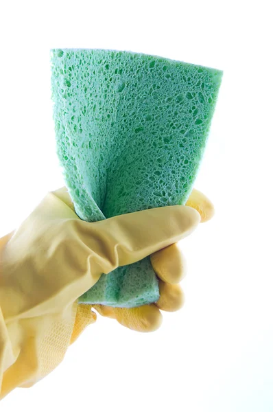 Mão Luva Borracha Segurando Esponja Verde Branco — Fotografia de Stock