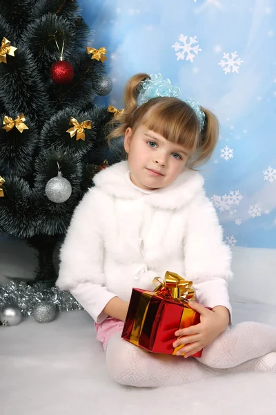 Krásná dívka v kožešiny pláštěnku, čepici a rukavice a okolí vánoční — Stock fotografie