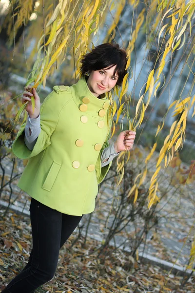 Beautiful Girl Green Coat Branches Willow Autumn — Stock Photo, Image
