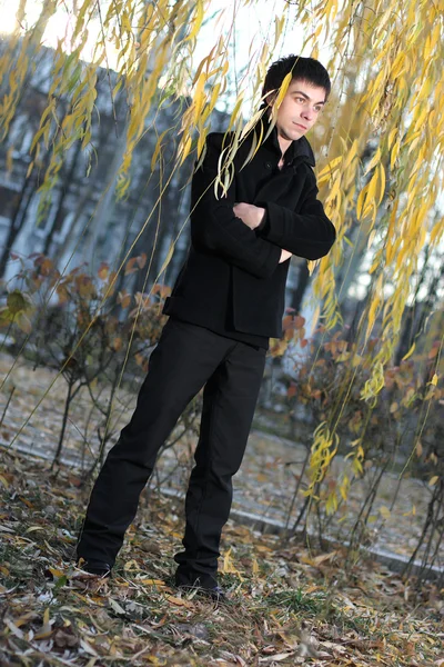 Un tipo con un abrigo negro en otoño de sauce verde — Foto de Stock