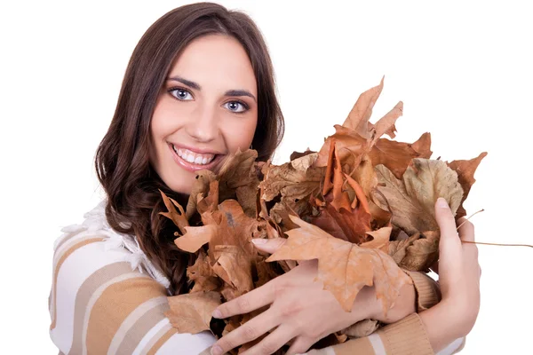 Beautiful autumn woman holding leaves — Stock Photo, Image
