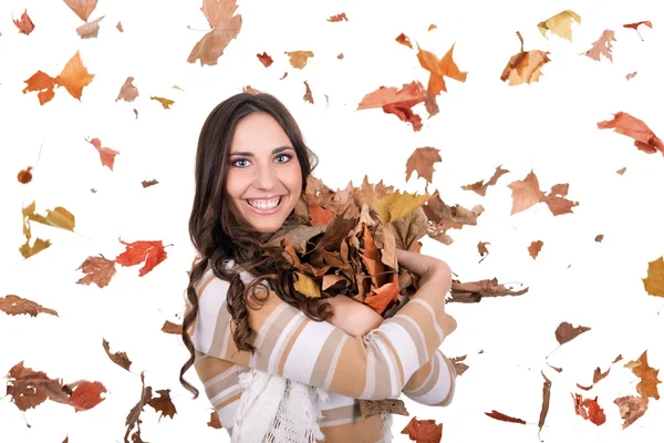 Ευτυχισμένος κορίτσι με τα φύλλα που πέφτουν — Φωτογραφία Αρχείου