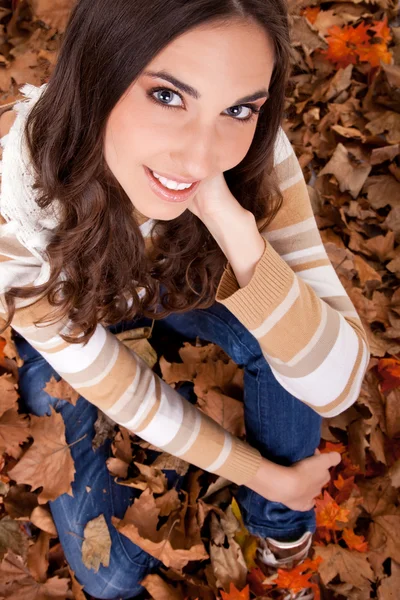 Beautiful autumn woman – view from above — Stock Photo, Image