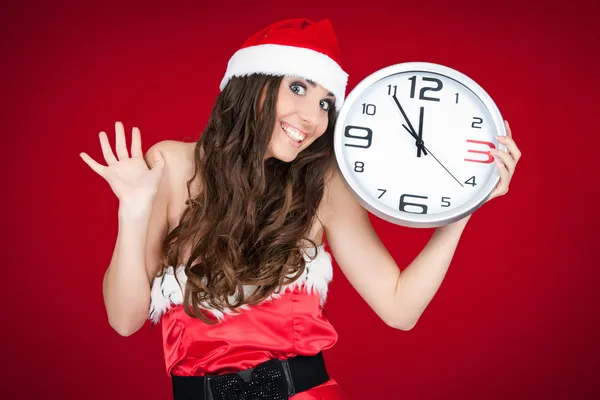 Lämnat santa kvinna med klocka - nytt år — Stockfoto