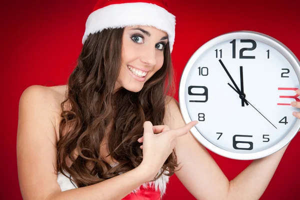 Новый год, санта девушка, часы, время — стоковое фото