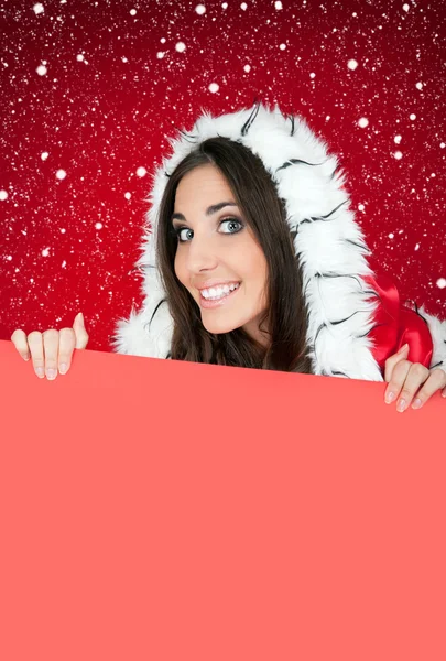 Leeg reclamebord, chrsitmas meisje, sneeuw — Stockfoto