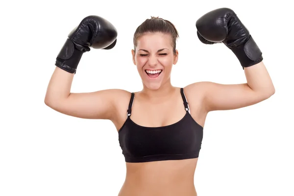Šťastná Mladá Žena Boxerské Rukavice Rukama Nahoru Izolované Bílém Pozadí — Stock fotografie