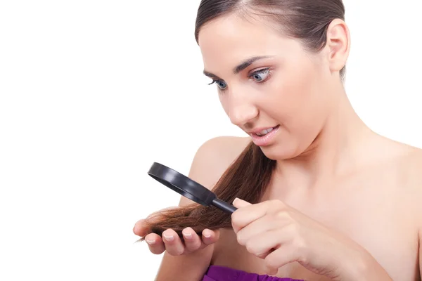 Young Woman Holding Loupe Looking Damaged Hair — Stock Photo, Image