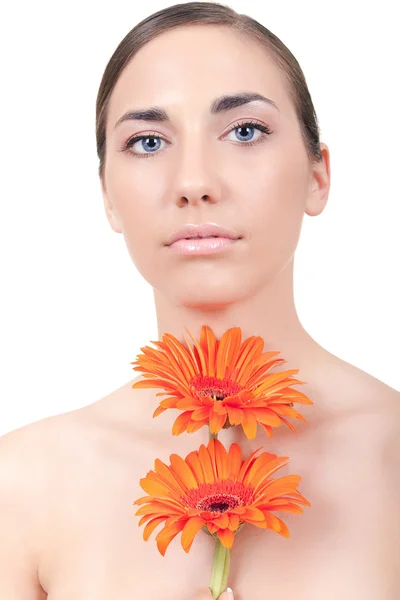 Girl with oranges flowers — Stock Photo, Image