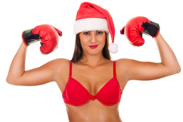 Santa donna con cappello e guanti da boxe — Foto Stock