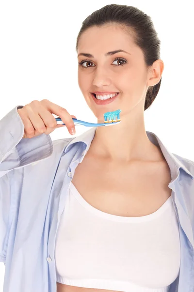 Chica cepillarse los dientes —  Fotos de Stock
