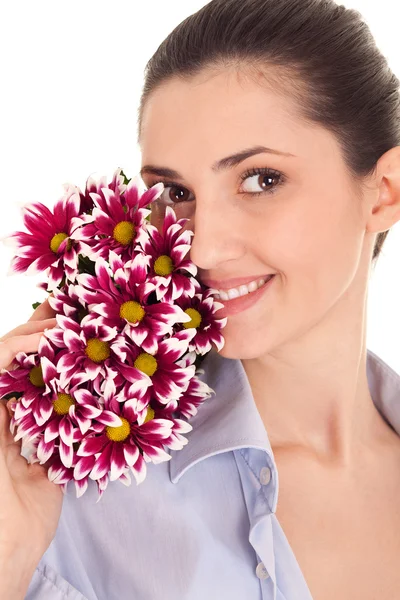 Faccia di bella donna con fioriere — Foto Stock