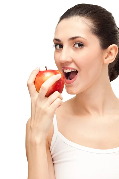 Femme aux dents blanches et pomme — Photo