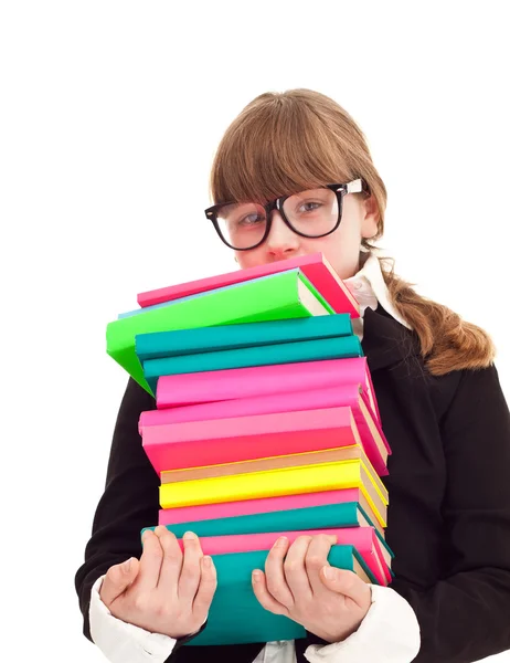 Girl carrying heavy stack books — Stock Photo, Image