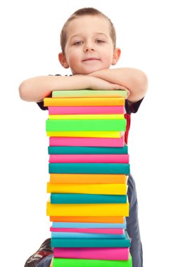 Little boy with pile of books clipart