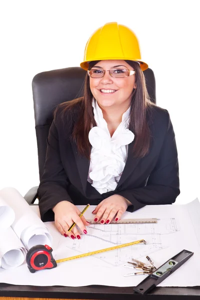 Female architect working on plans — Stock Photo, Image