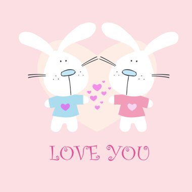 Greeting card to valentines day, rabbit, bunny, love, message, heart, clipart