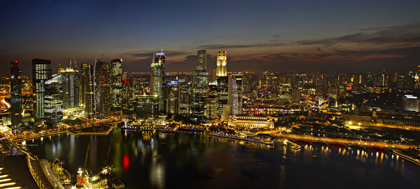 Singapore City Skyline by River at Dusk Aerial View Panorama