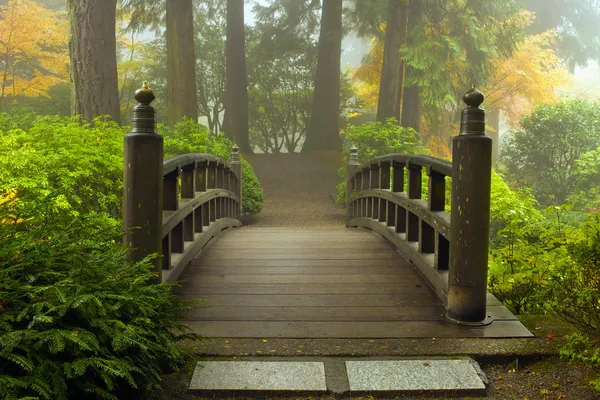 Puente de madera en el jardín japonés en otoño — Foto de Stock