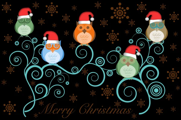 Χριστούγεννα κουκουβάγιες με καπέλο santa σε δέντρο σε μαύρο — Φωτογραφία Αρχείου