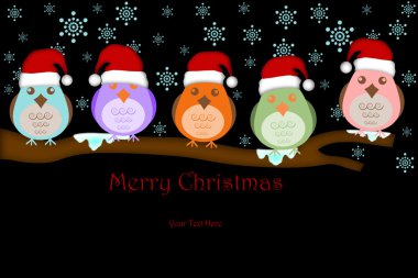 Five Birds with Santa Hat on Tree Branches clipart