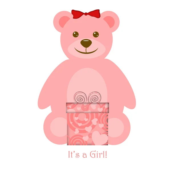 Medvídek růžový dívka s darem — Stock fotografie