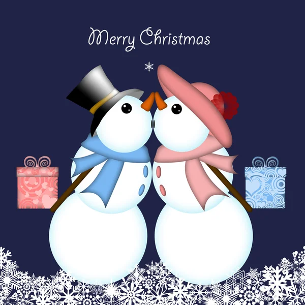 Christmas Kissing Snowman Couple Giving Gifts — Stock Photo, Image
