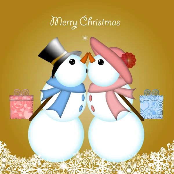 Χριστούγεννα φιλιά ζευγάρι χιονάνθρωπος δίνοντας δώρα — Φωτογραφία Αρχείου