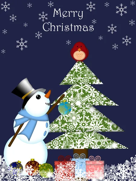 Christmas Snowman Hanging Ornament on Tree with Red Cardinal Bir — Stock Photo, Image