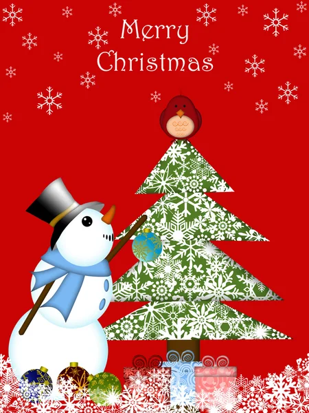 Weihnachten Schneemann hängende Ornamente am Baum mit rotem Kardinal bir — Stockfoto
