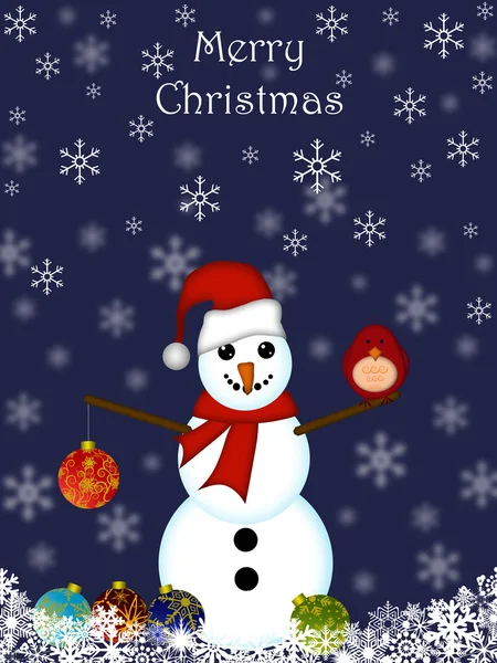 Рождественский снеговик висит орнамент и красная кардинальная птица — стоковое фото