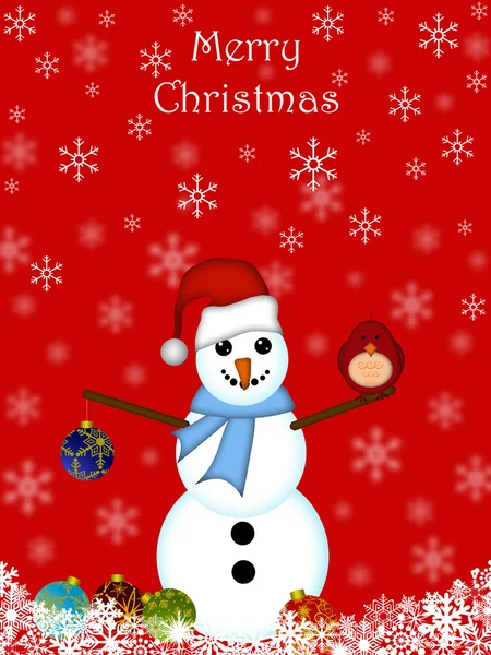 Weihnachten Schneemann hängende Ornamente und roter Kardinalvogel — Stockfoto